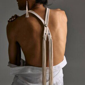 White Leather Fringe Bolo with Moonstone Embedded